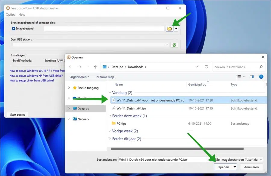 Windows 11 iso bestand selecteren voor usb
