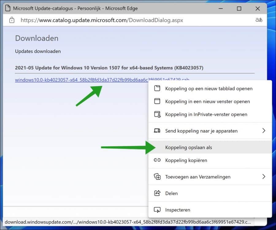 Téléchargez le fichier de mise à jour Windows via le catalogue Windows