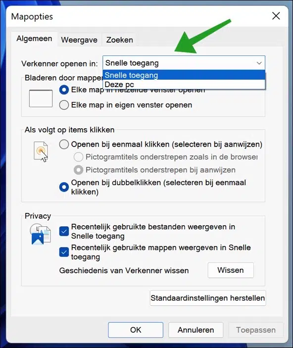 Windows verkenner openen in Snelle toegang of Deze PC