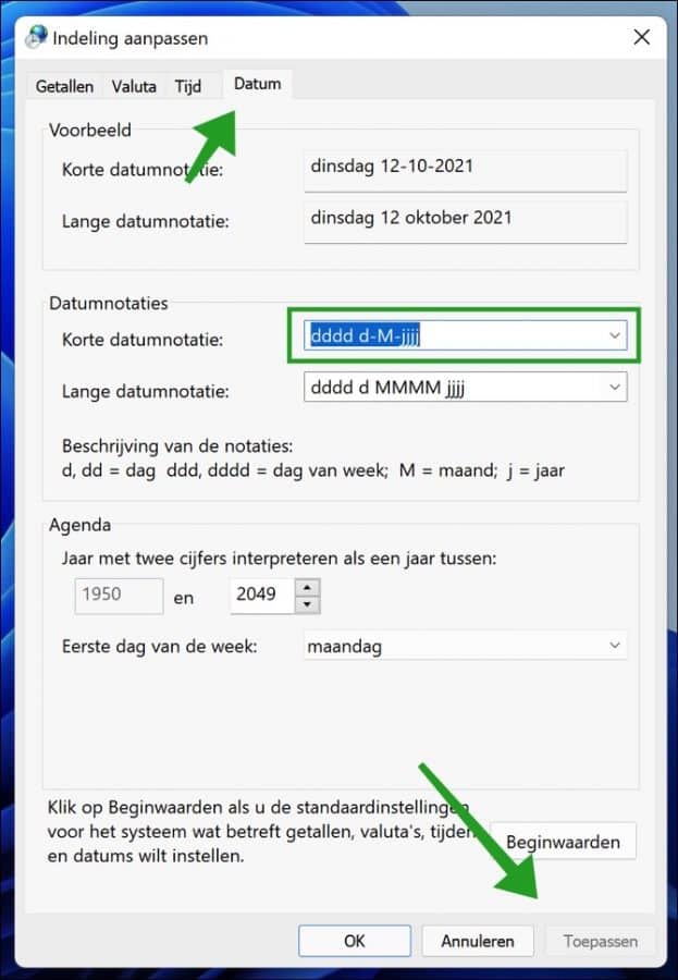 dag van de week toevoegen aan tijd en datum in de taakbalk