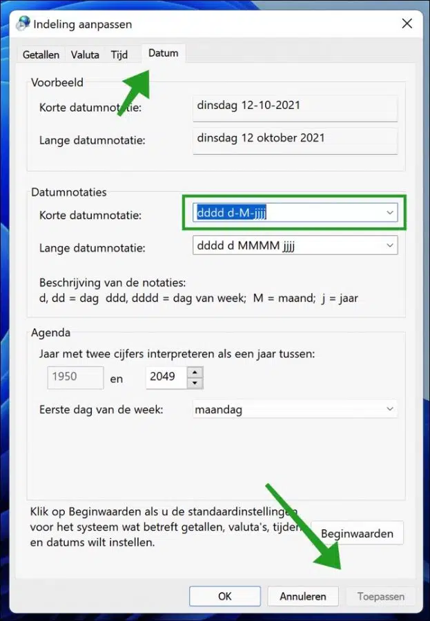 dag van de week toevoegen aan tijd en datum in de taakbalk