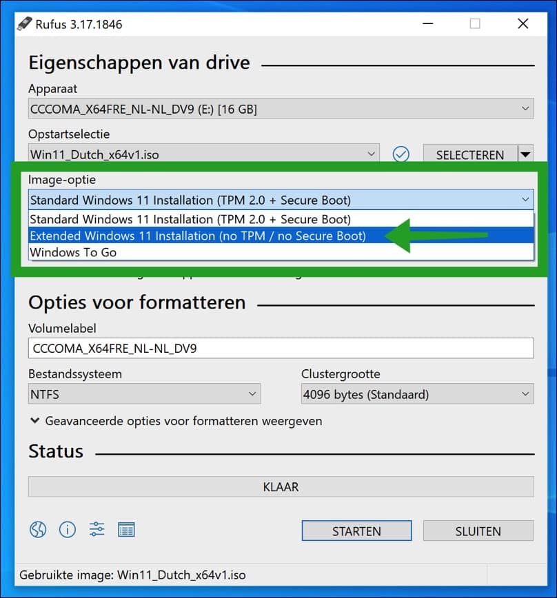 image optie rufus wijzigen naar no secure boot voor windows 11 installatie