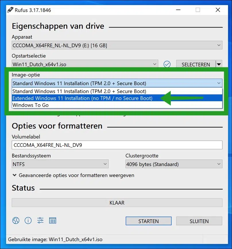 image optie rufus wijzigen naar no secure boot voor windows 11 installatie