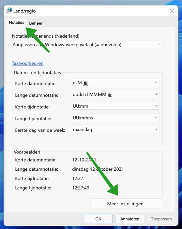 configurações de região do país