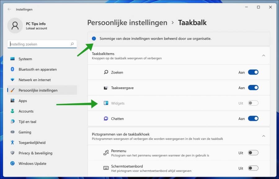 widgets knop uitgeschakeld in windows 11