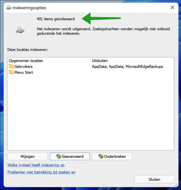 Number of files indexed in Windows 11