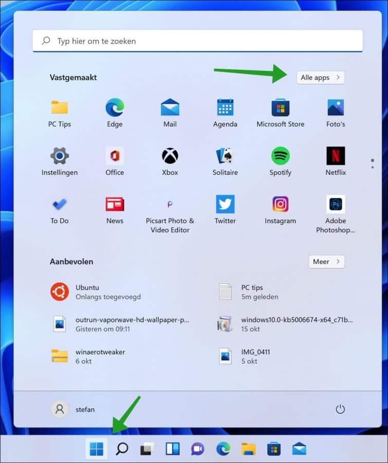 Menu Démarrer de toutes les applications