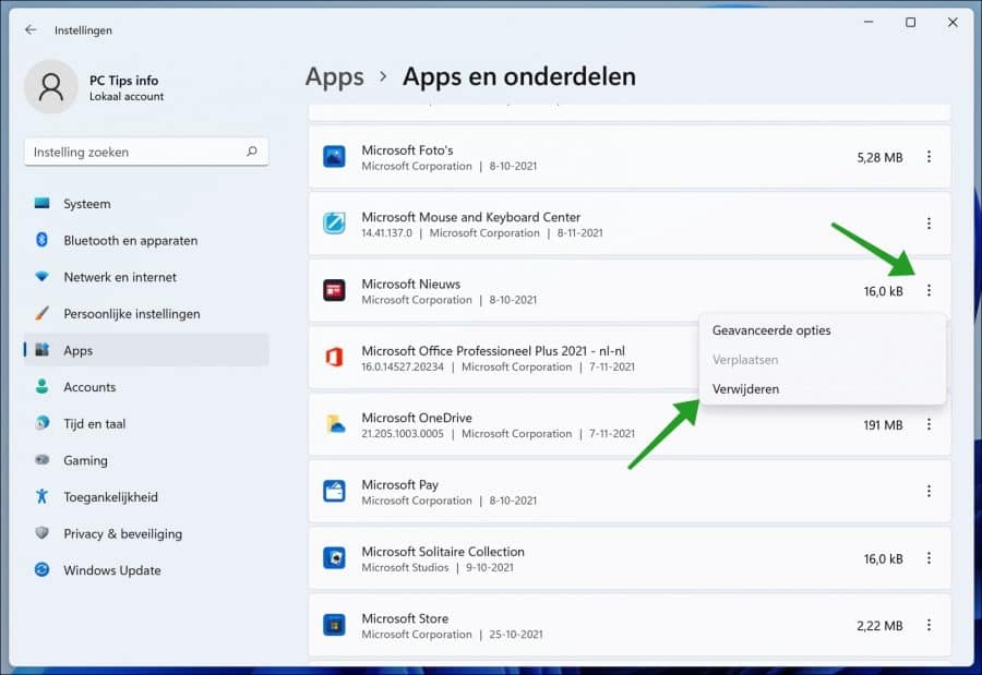 App verwijderen via Windows 11 instellingen
