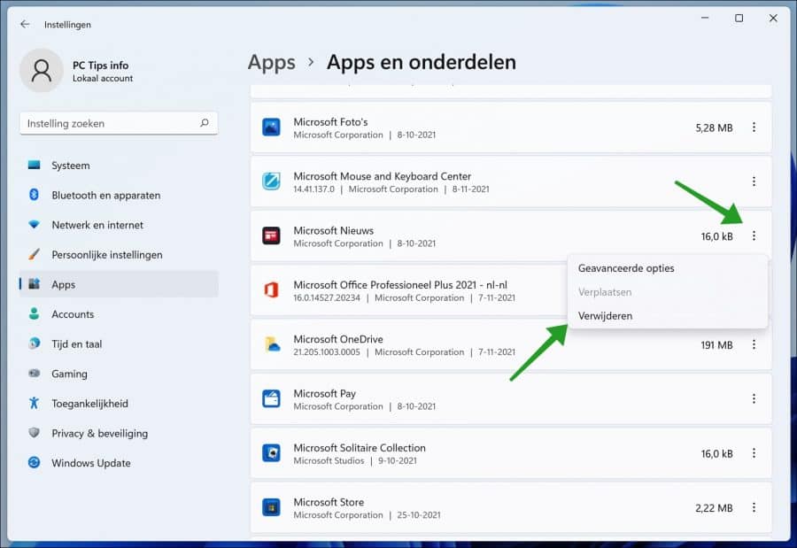 Uninstall app via Windows 11 settings