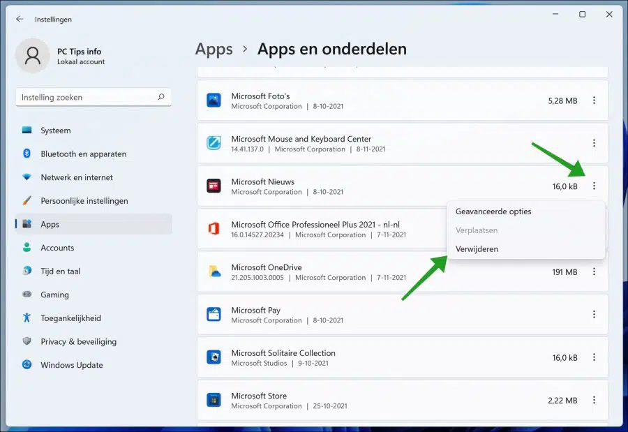 App verwijderen via Windows 11 instellingen