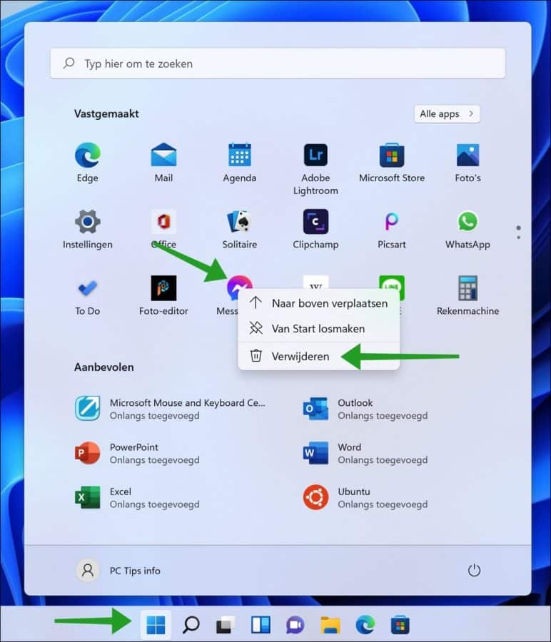 Uninstall app via start menu