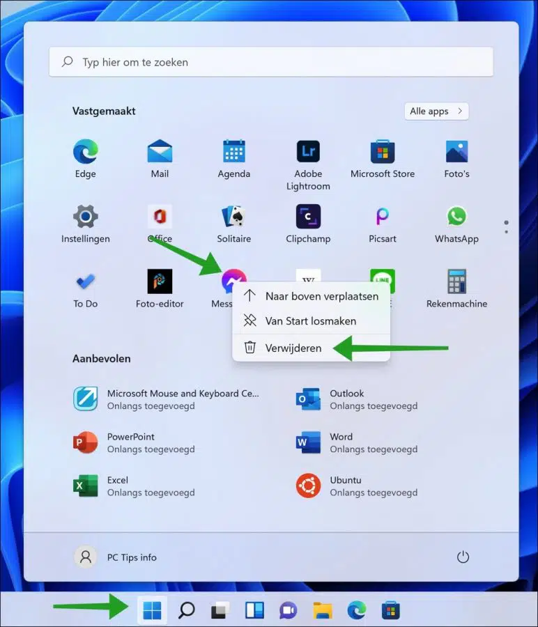 App verwijderen via startmenu