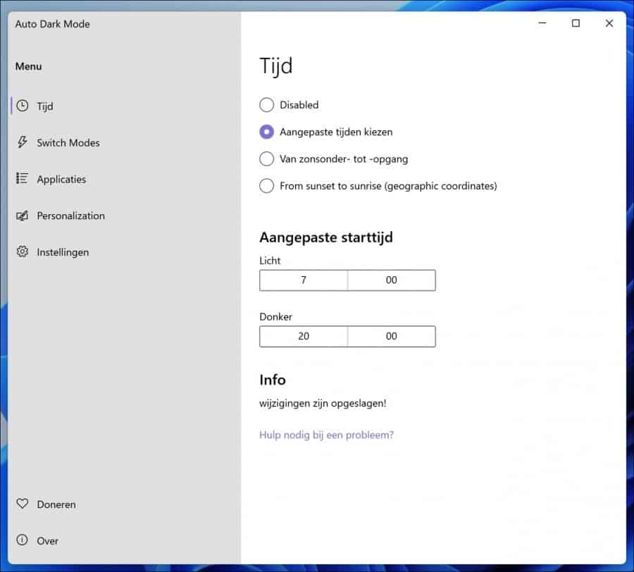 AutoDarkMode aangepaste tijd