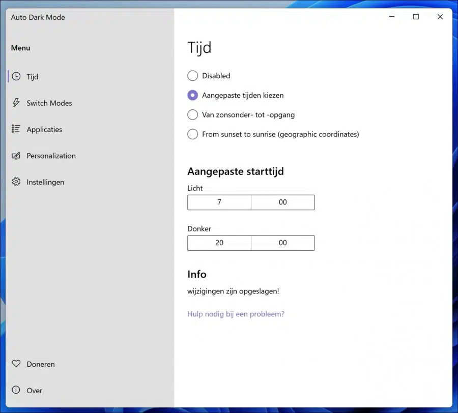 AutoDarkMode aangepaste tijd