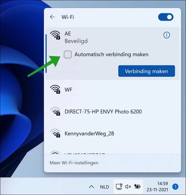 Automatisch Wifi verbinding maken uitschakelen in Windows 11