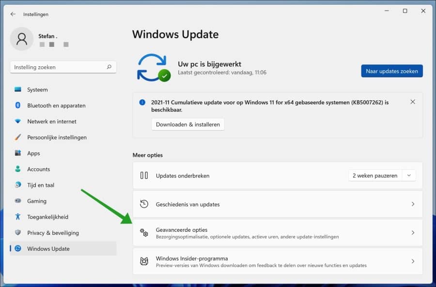 Geavanceerde opties in Windows update voor Windows 11