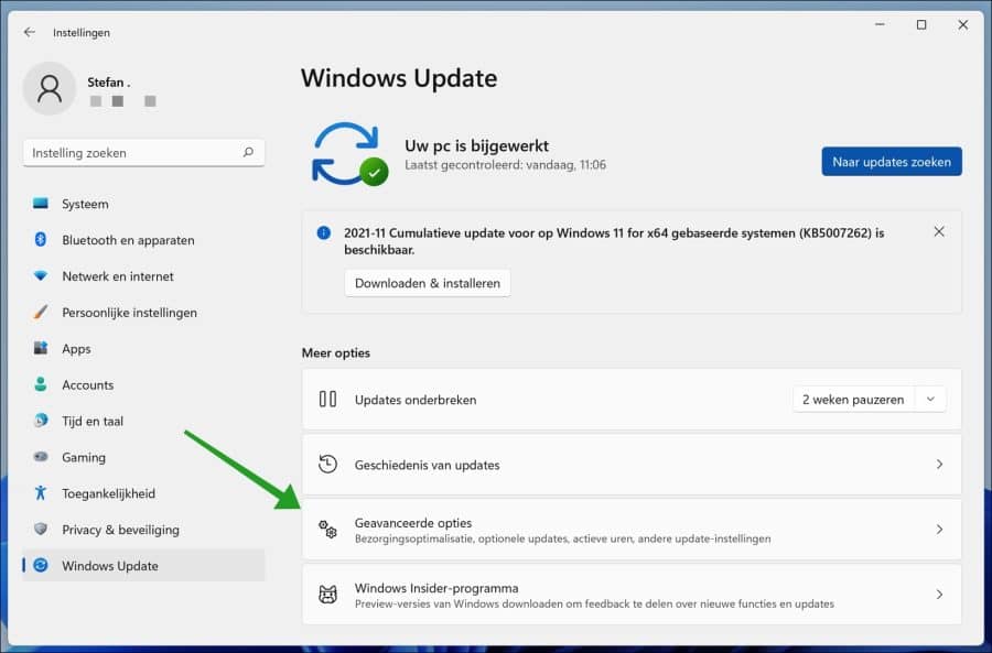 Opciones avanzadas en la actualización de Windows para Windows 11