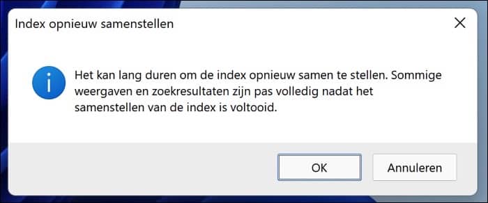 Index opnieuw samenstellen melding