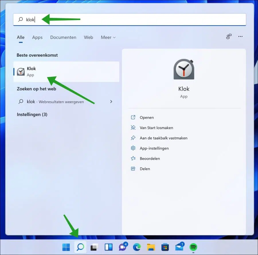 Klok app openen in Windows 11