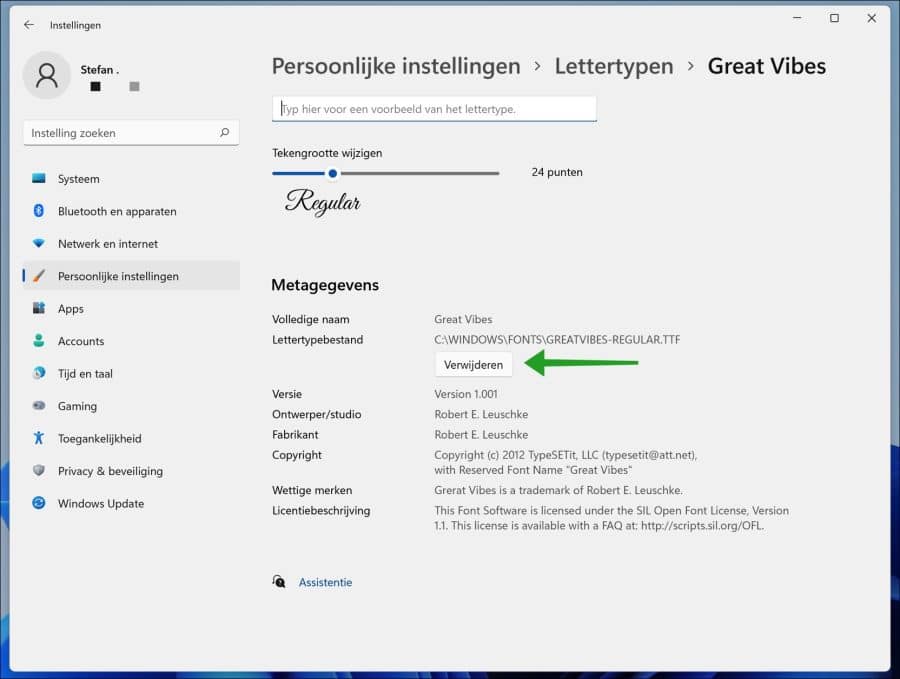 Lettertype verwijderen in windows 11