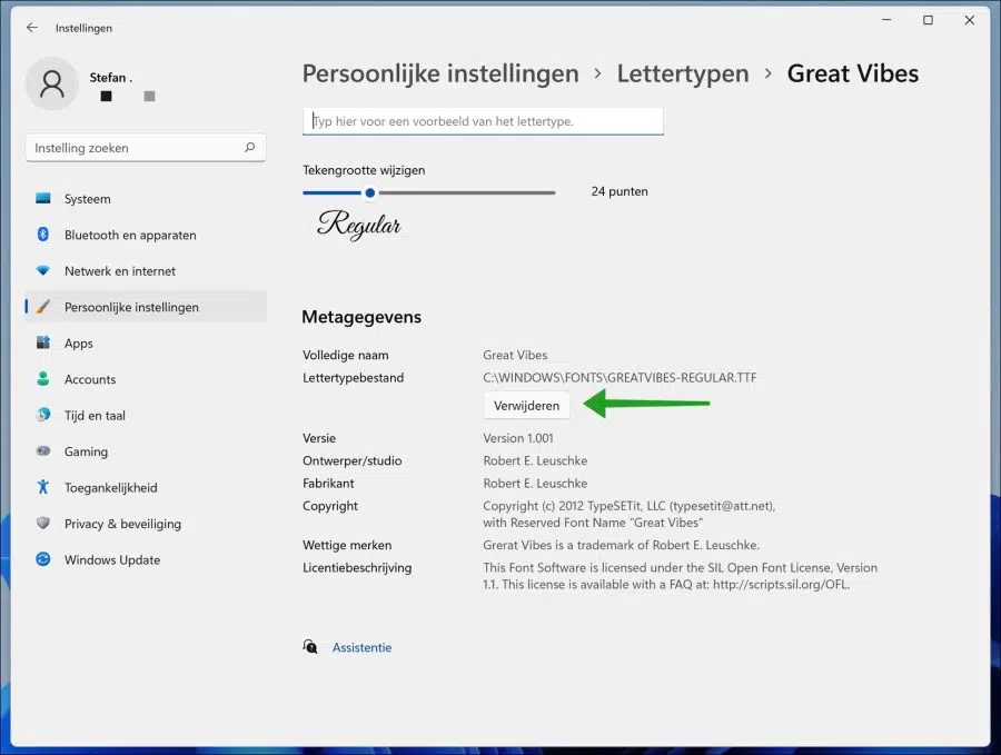 Lettertype verwijderen in windows 11