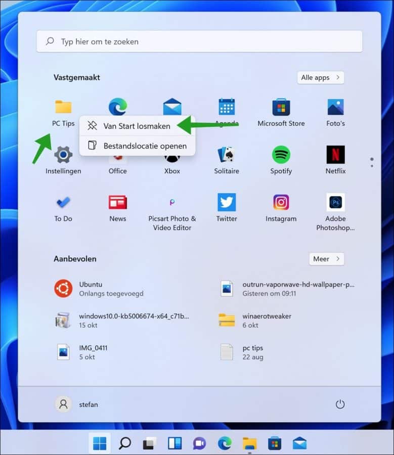 Map van startmenu losmaken