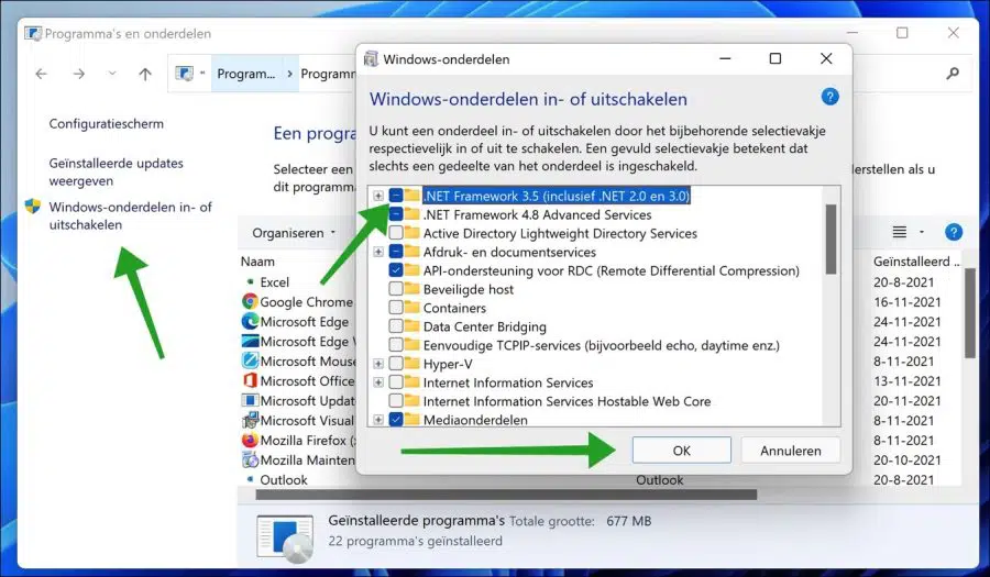 .NET framework installeren via Windows 11