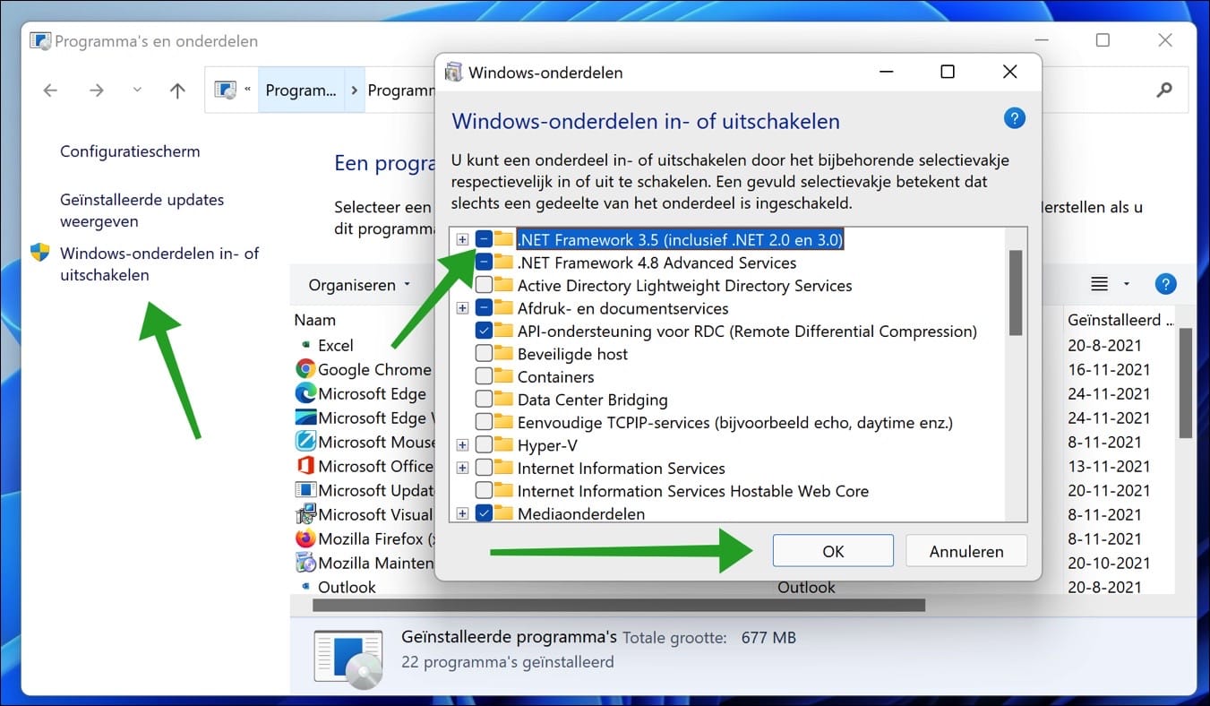 .NET Framework 3.5 of 2.0 installeren in Windows 11