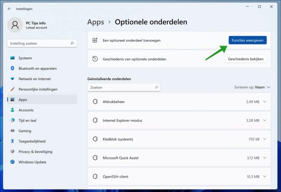 Mostrar recursos opcionais no Windows 11