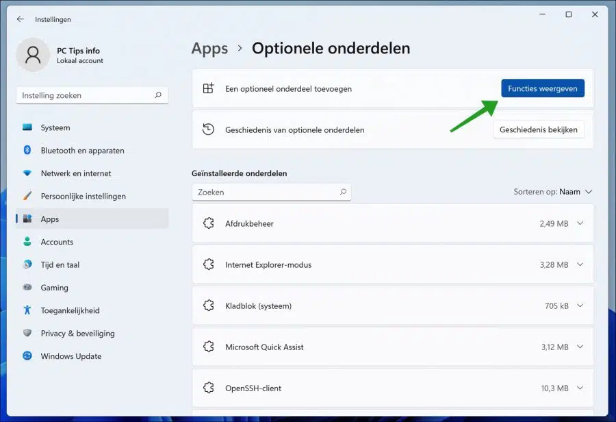 Optionele functies weergeven in Windows 11