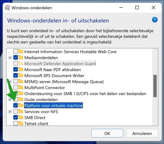 Platform voor virtuele machine inschakelen in Windows