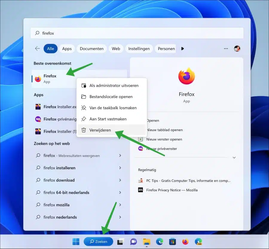 Programma verwijderen via zoeken in Windows 11