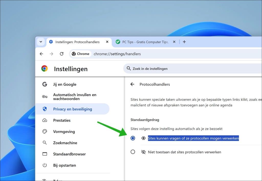 Sites mogen vragen of ze standaardprotocols mogen verwerken