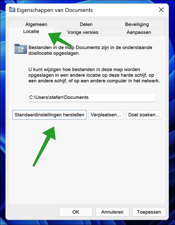 Standaard locatie voor persoonlijke mappen herstellen