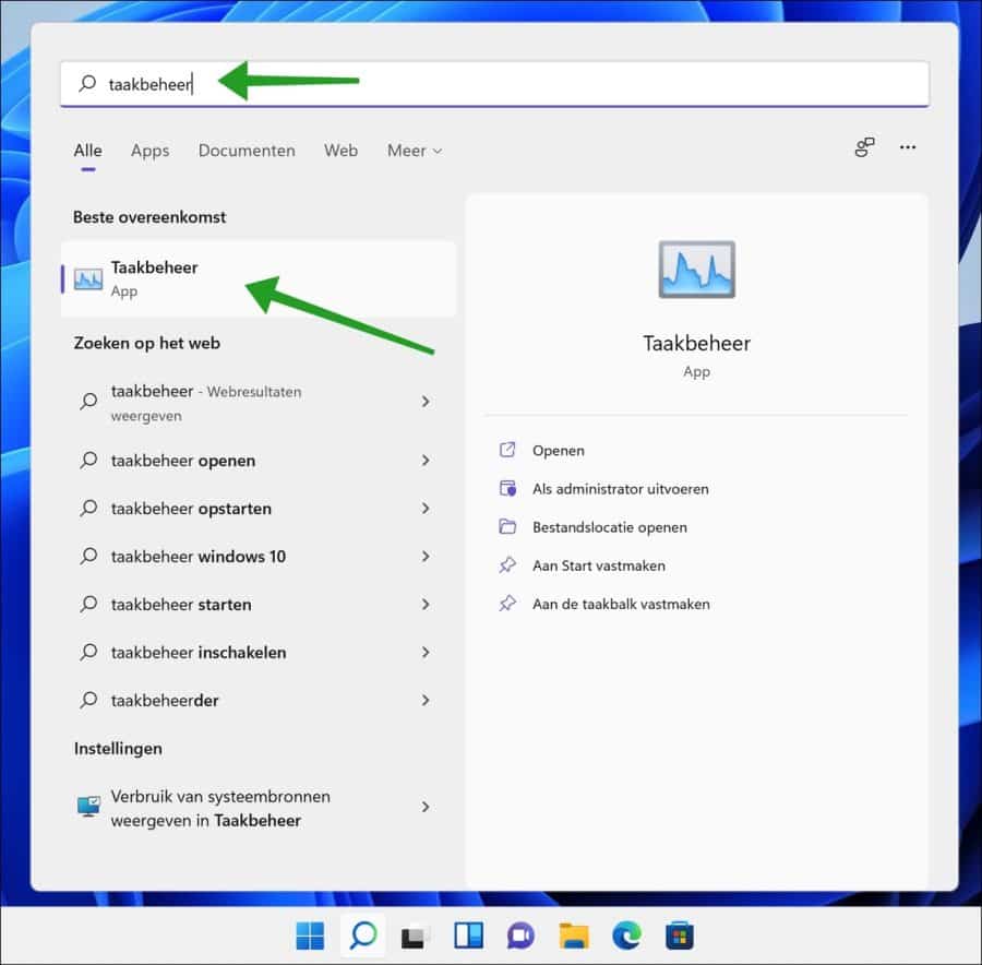 Taakbeheer openen via startmenu