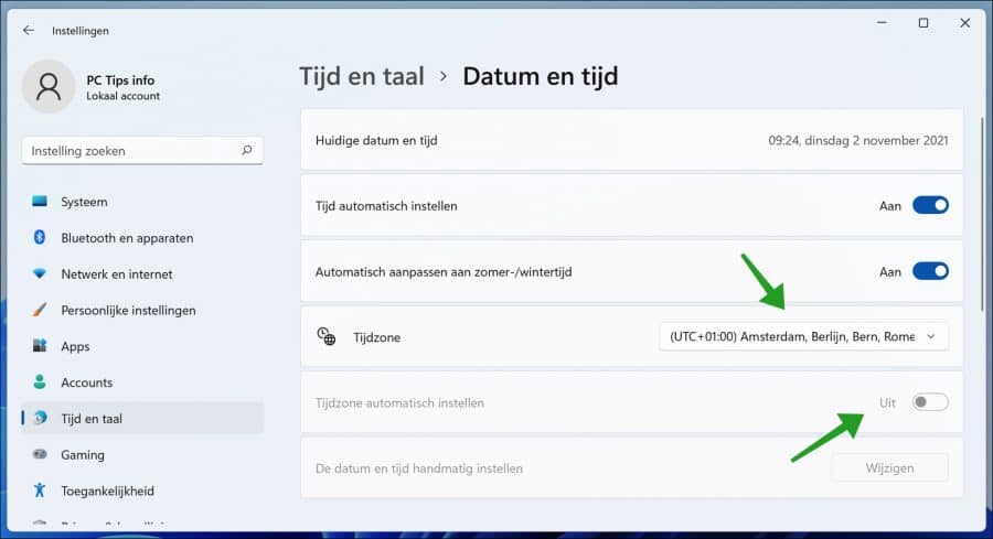 Tijdzone aanpassen in Windows 11