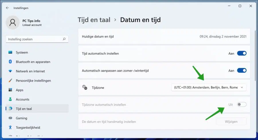 Tijdzone aanpassen in Windows 11