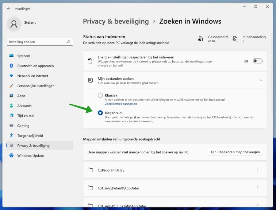 Uitgebreid indexeren inchakelen in Windows 11