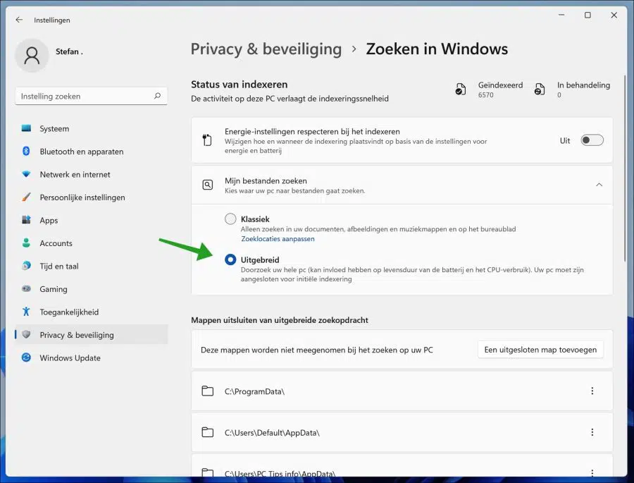 Uitgebreid indexeren inchakelen in Windows 11