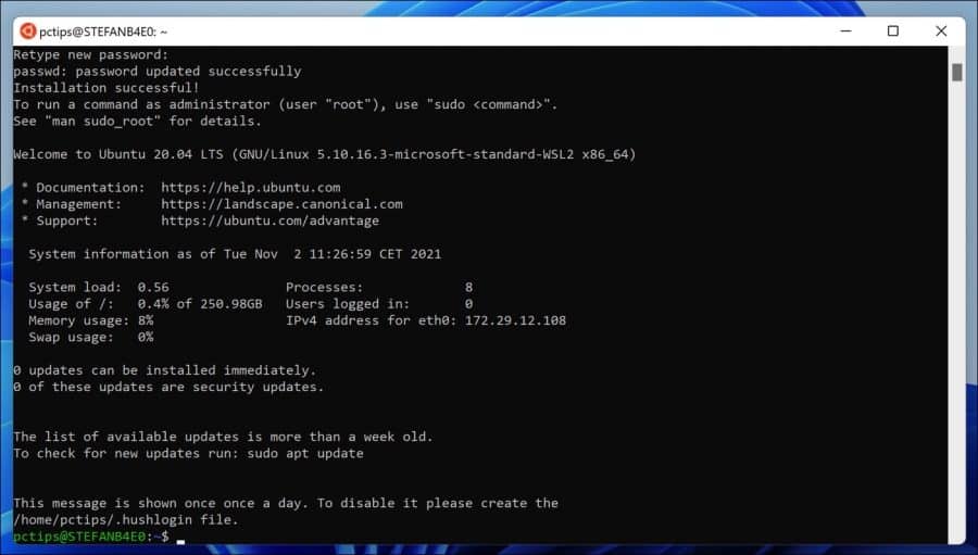 WSL ubuntu installatie succesvol in windows 11
