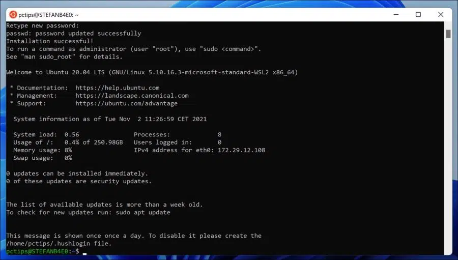 WSL ubuntu installatie succesvol in windows 11