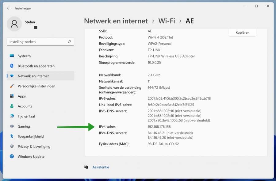 WiFi ip adres in Windows 11