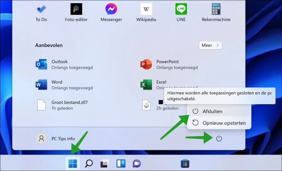Windows 11 afsluiten via het startmenu