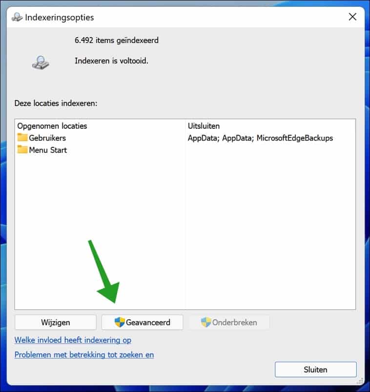 Indizierungsoptionen für Windows 11