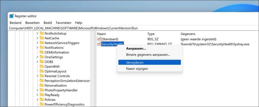 Windows register waarde verwijderen