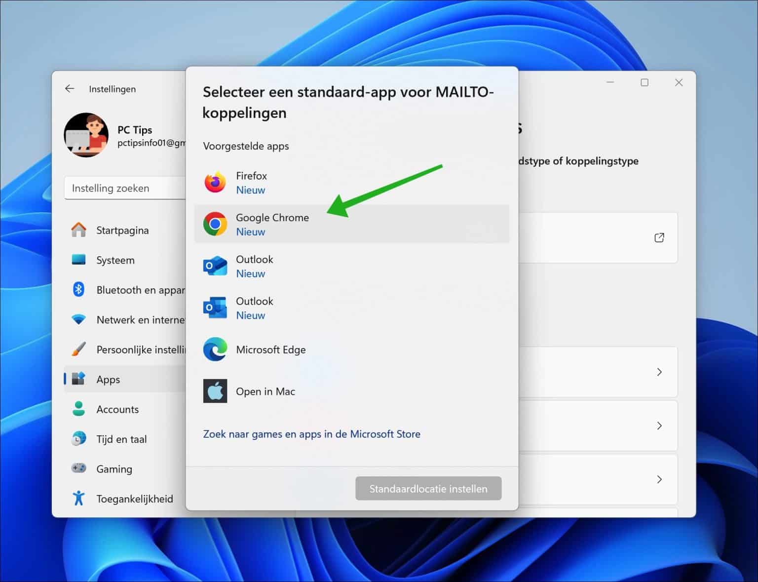 Gmail als standaard e-mail instellen in Windows 11