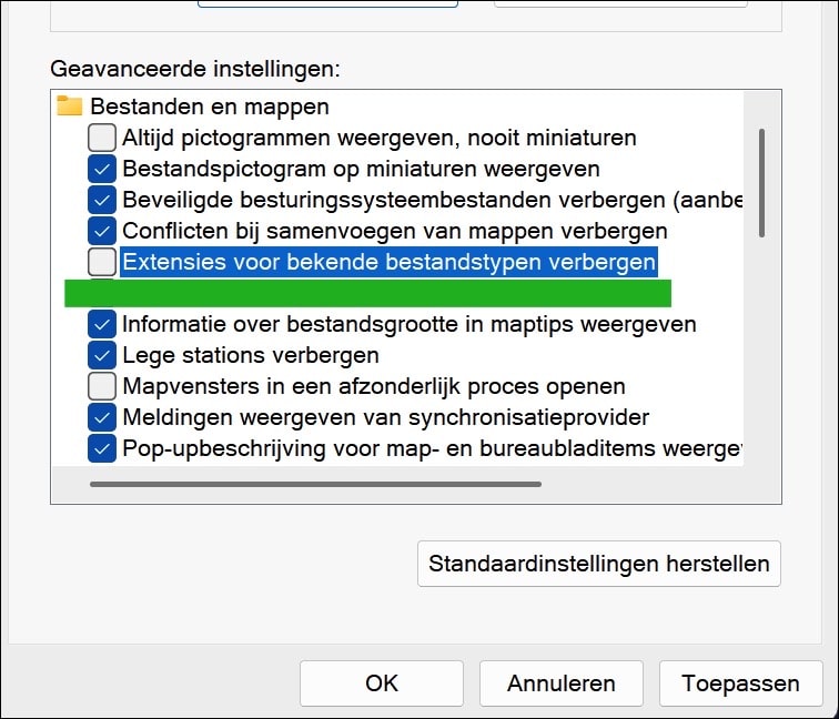 Bestandsextensies weergeven via Mapopties