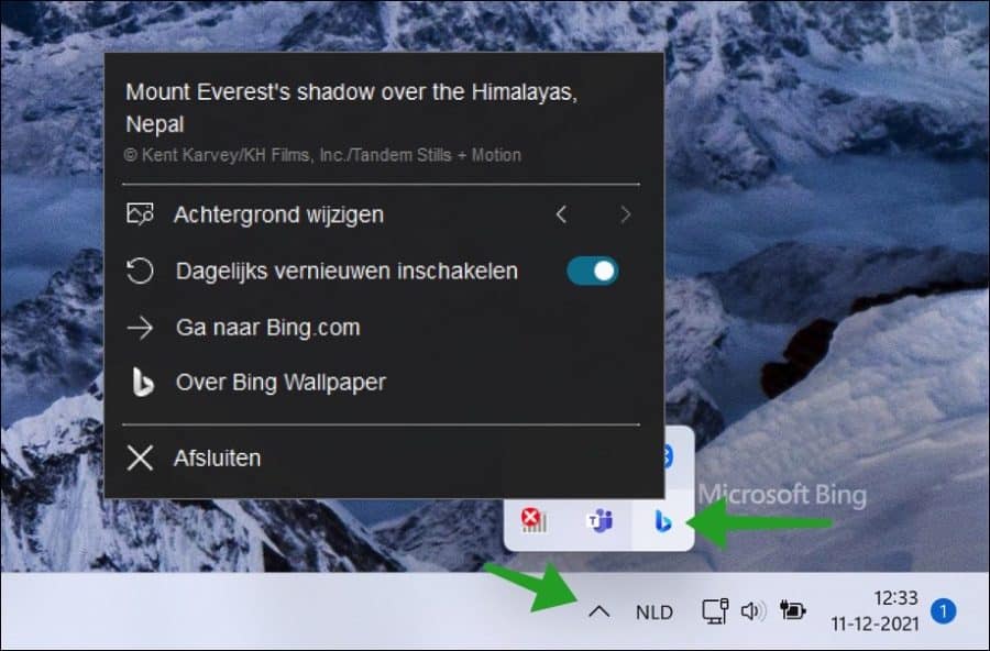 Bing wallpapers instellingen openen via systeemvak