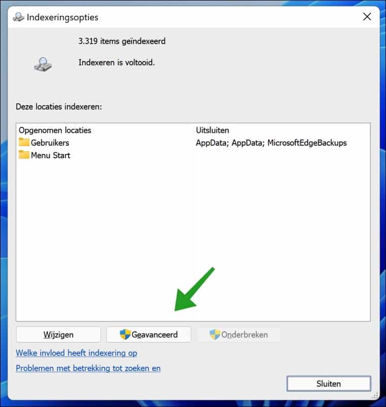 Geavanceerde indexeringsopties