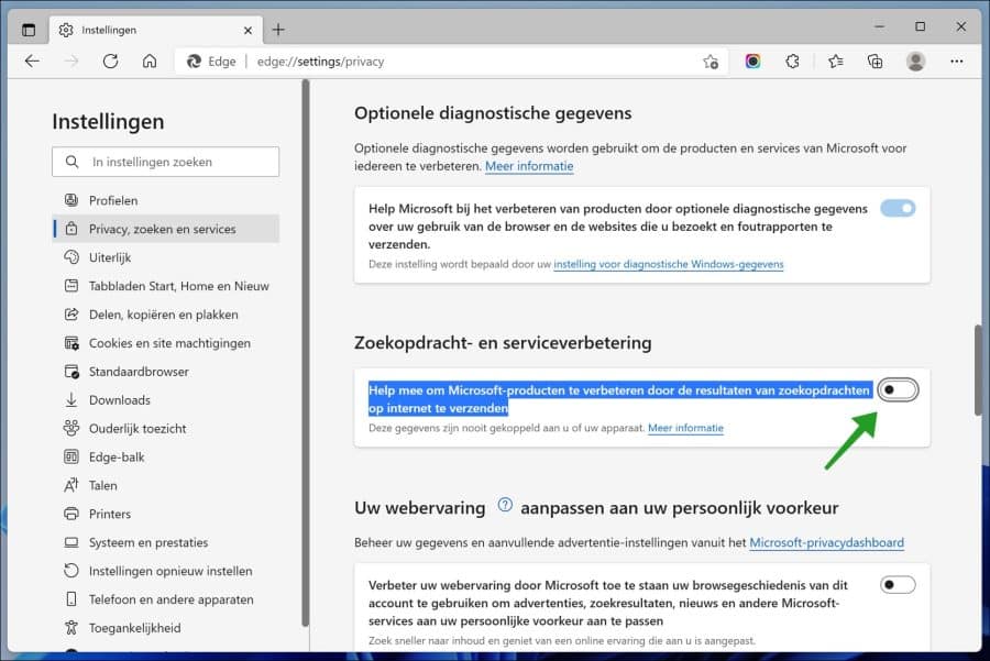 Help mee om Microsoft-producten te verbeteren door de resultaten van zoekopdrachten op internet te verzenden